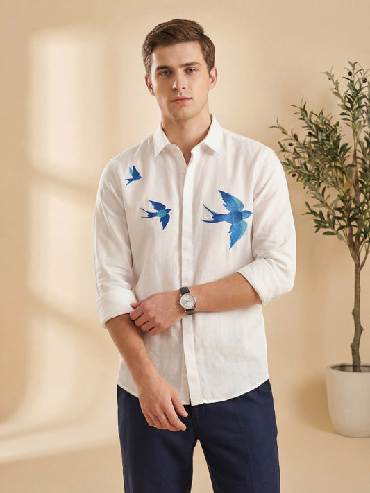FreshAura: Perfume Finish Cotton Linen Embroidered Smart Casual Shirt