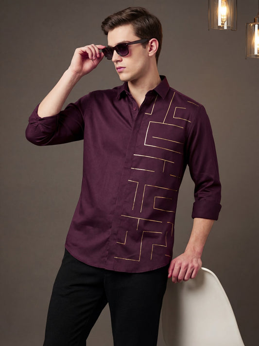 SatinPro-Max: Cotton Satin 2-Way Stretch Geometric Foil Printed Party Shirt