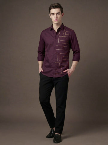 SatinPro-Max: Cotton Satin 2-Way Stretch Geometric Foil Printed Party Shirt