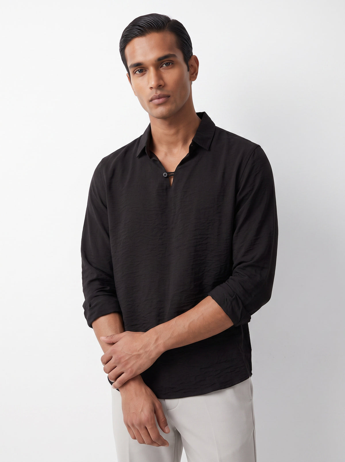 Solid Airy Crinkled Black Shirt
