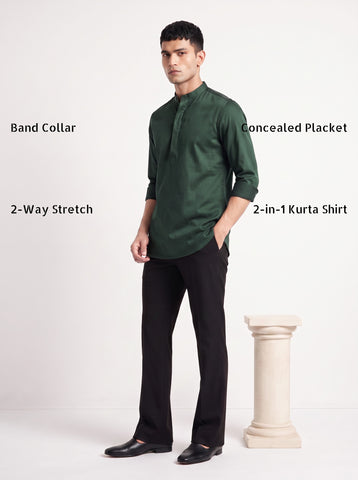 Solid Satin Stretch Bottle Green Kurta