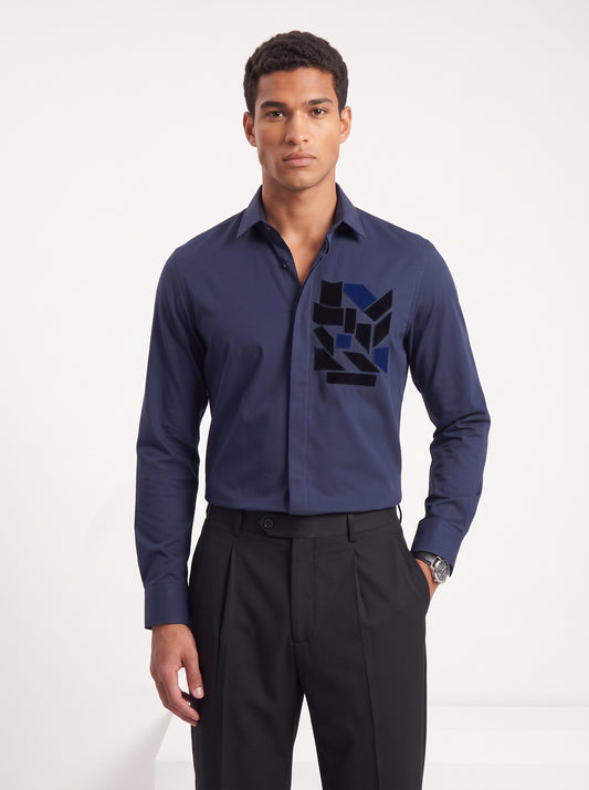 Geometric Printed Satin Stretch Navy Shirt