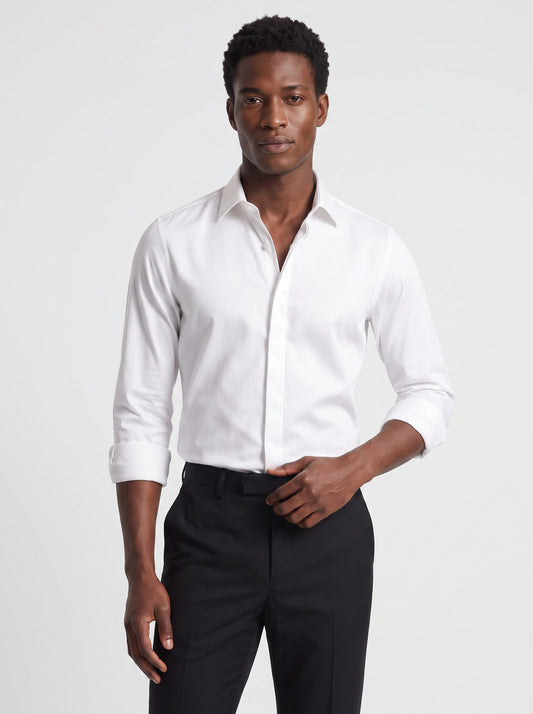 Men's White Solid PC Sateen Stretch Formal Shirt