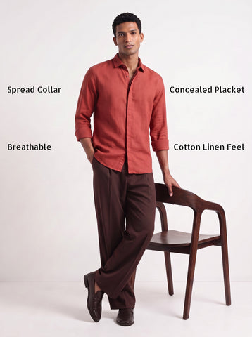 Solid Cotton Linen Look Burnt Orange Shirt