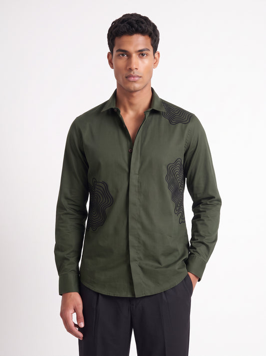 Abstract Printed Satin Stretch Forest Green Shirt