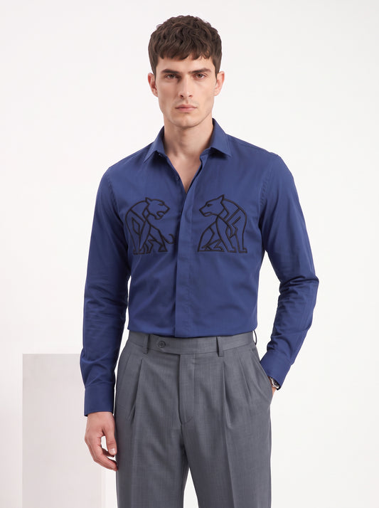 Animal Printed Satin Stretch Midnight Blue Shirt