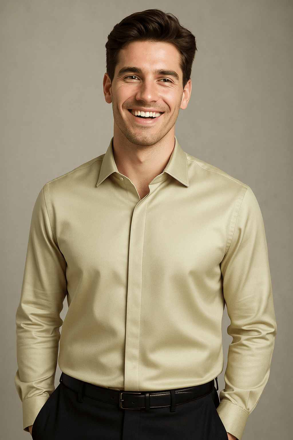 Cream Solid PC Sateen Stretch Formal Shirt