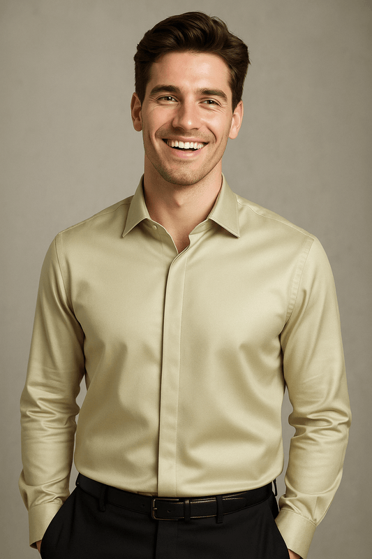 Cream Solid PC Sateen Stretch Formal Shirt