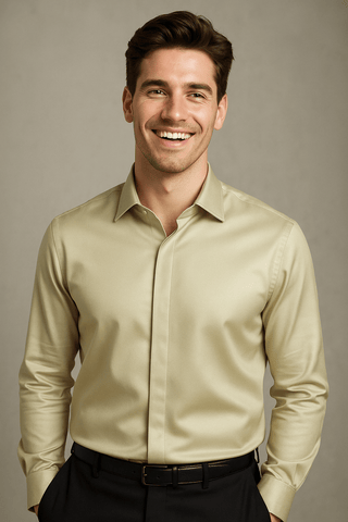 Cream Solid PC Sateen Stretch Formal Shirt