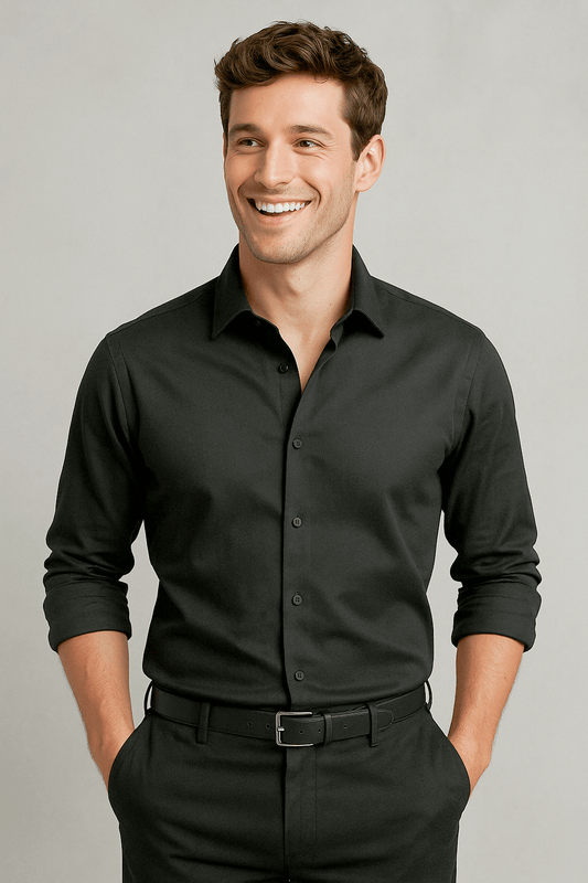Black Solid Cotton Twill Smart Casual Shirt