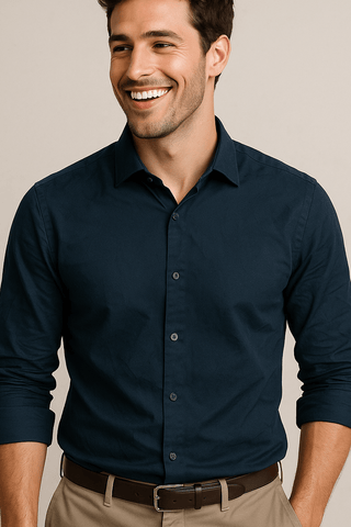 Navy Solid Cotton Twill Smart Casual Shirt