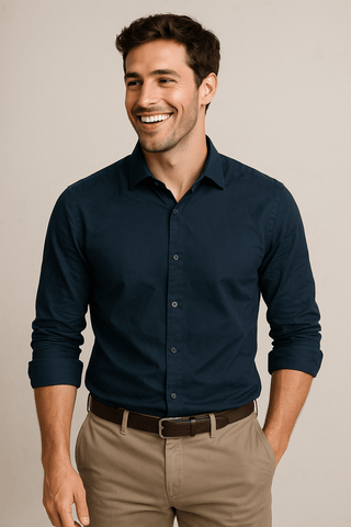 Navy Solid Cotton Twill Smart Casual Shirt