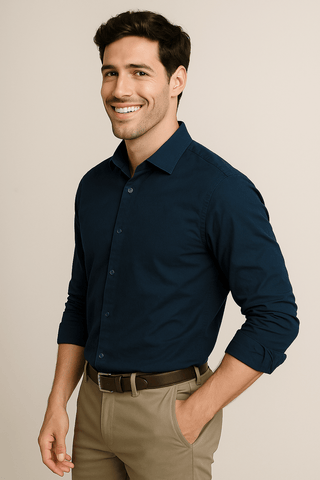 Navy Solid Cotton Twill Smart Casual Shirt