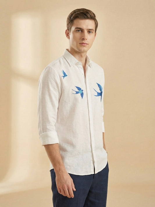 FreshAura: Perfume Finish Cotton Linen Embroidered Smart Casual Shirt