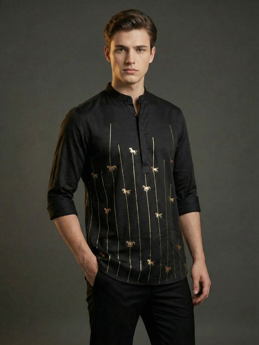 SatinPro-Lite: Satin 2-Way Stretch Foil Printed Festive Kurta