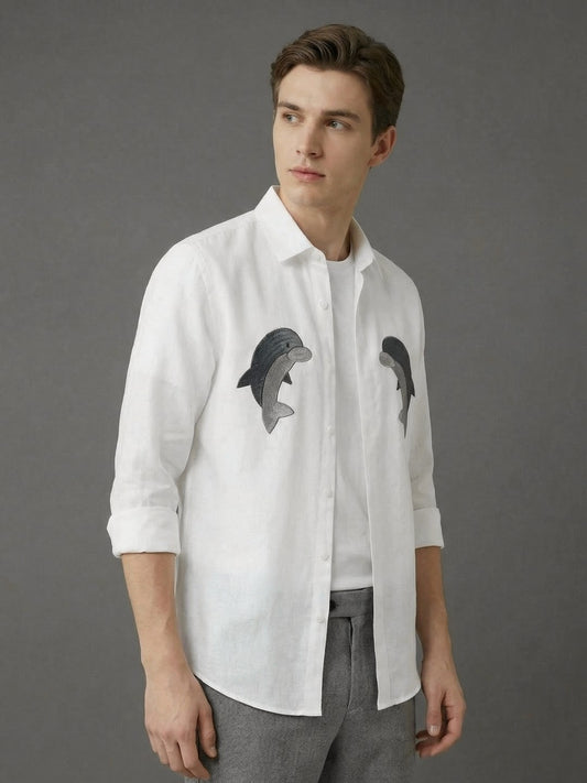 FreshAura: Perfume Finish Cotton Linen Animal Embroidered Smart Casual Shirt
