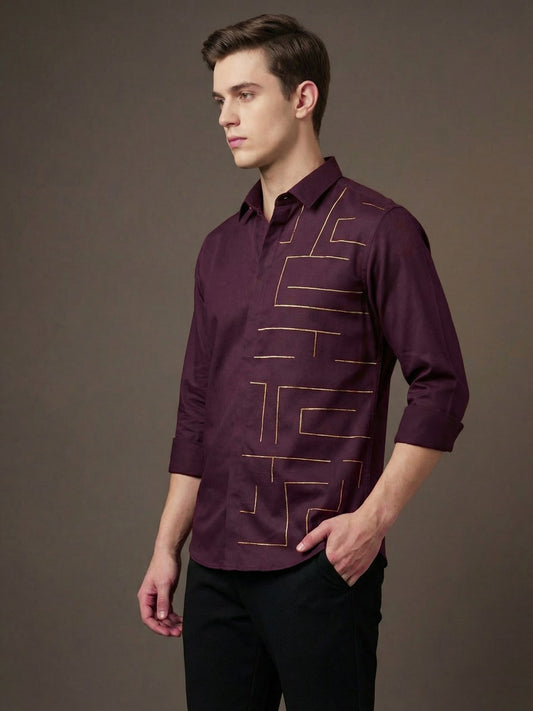 SatinPro-Max: Cotton Satin 2-Way Stretch Geometric Foil Printed Party Shirt