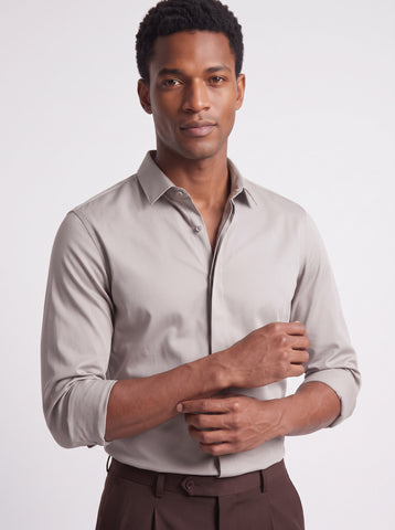 Men's Grey Solid PC Sateen Stretch Formal Shirt