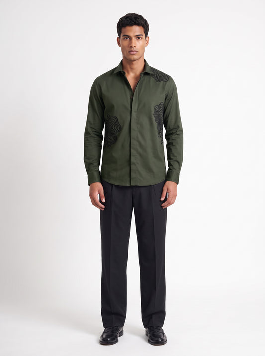 Abstract Printed Satin Stretch Forest Green Shirt