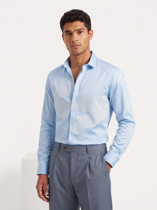Printed Satin Stretch Powder Blue Shirt