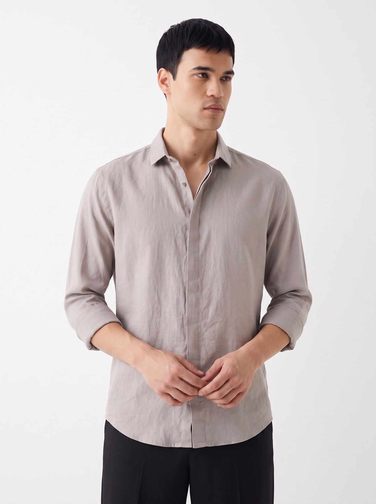 Solid Cotton Linen Look Light Grey Shirt