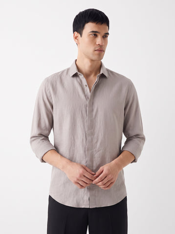 Solid Cotton Linen Look Light Grey Shirt