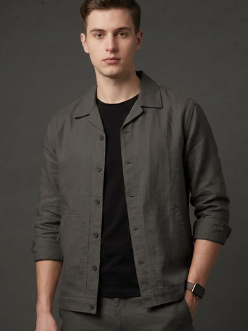 Men's Khaki Breathable Linen Blend Shacket