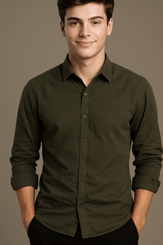 Olive Solid Cotton Twill Smart Casual Shirt