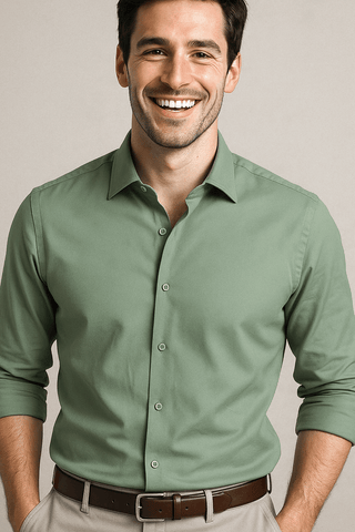 Green Solid Cotton Twill Smart Casual Shirt