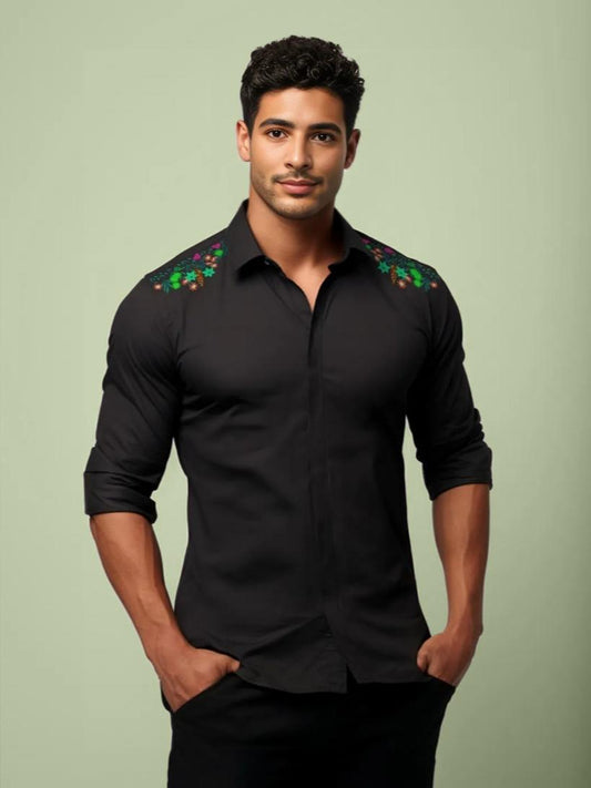 Black Conversational Printed Casual Designer Shirt For Men by HE SPOKE