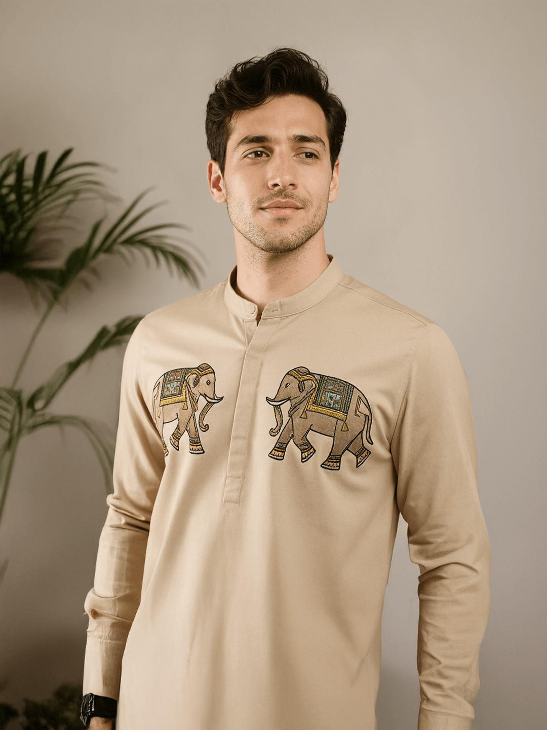 Cream Animal Printed Daily Designer Kurta For Men by HE SPOKE