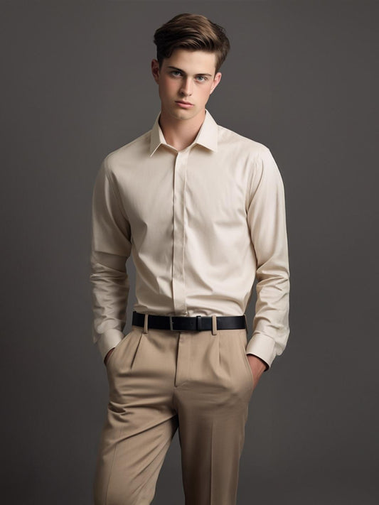 Cream Solid Formal Designer Shirt For Men by HE SPOKE