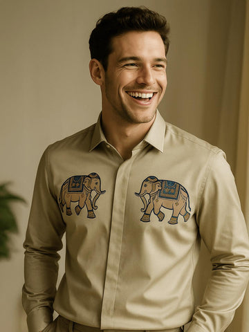 Cream Animal Printed Party Designer Shirt For Men by HE SPOKE