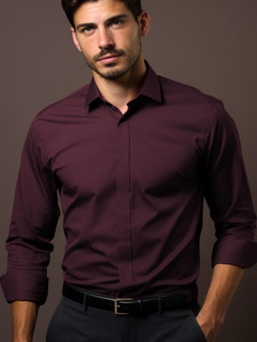 Burgundy Solid Formal Designer Shirt For Men by HE SPOKE