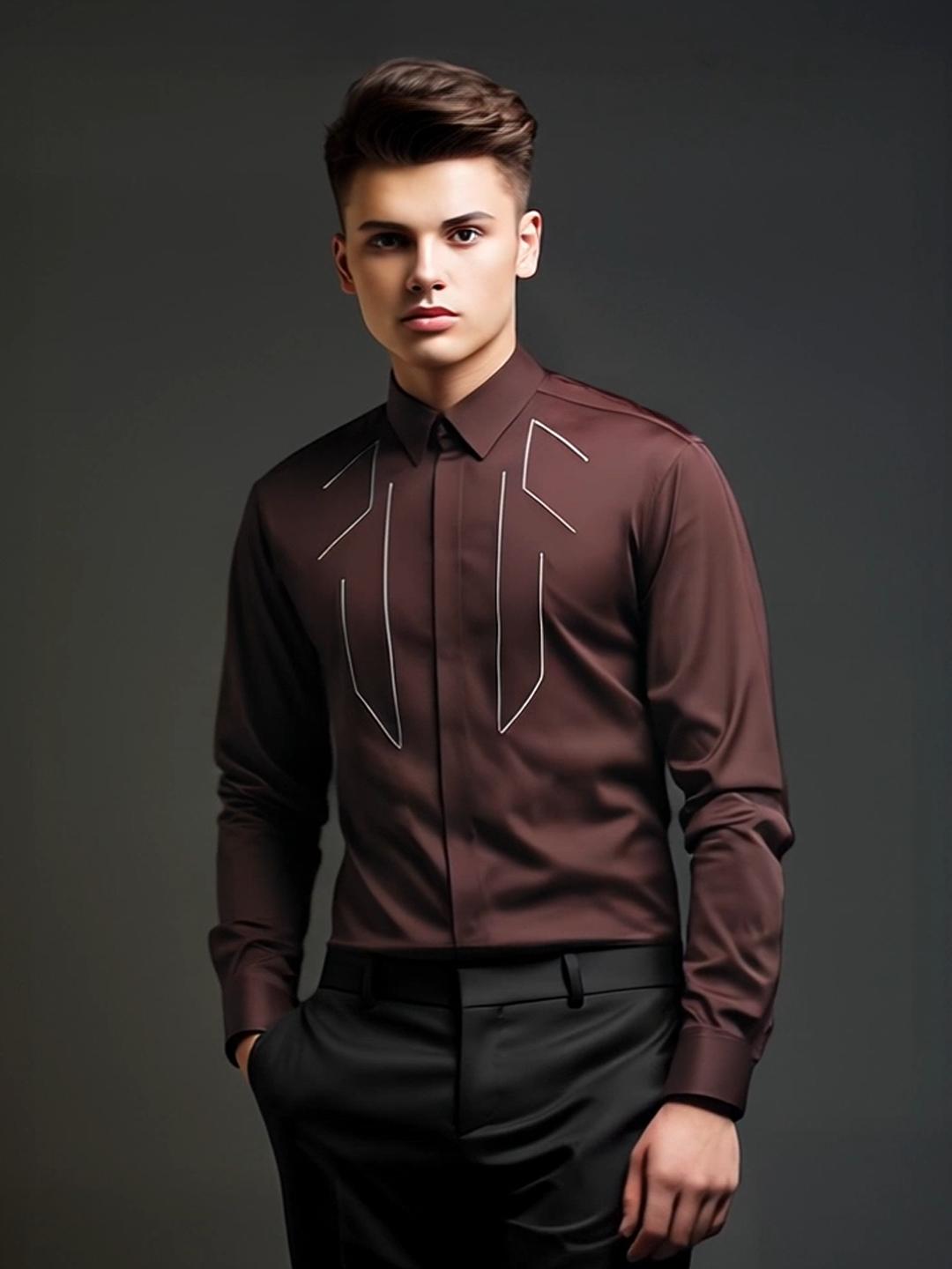 Burgundy Geometric Embroidered Party Designer Shirt For Men by HE SPOKE