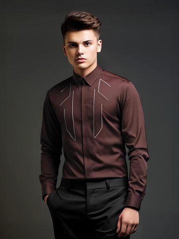 Burgundy Geometric Embroidered Party Designer Shirt For Men by HE SPOKE