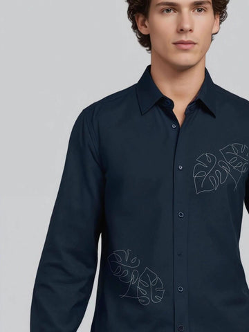 Navy Conversational Printed Casual Designer Shirt For Men by HE SPOKE