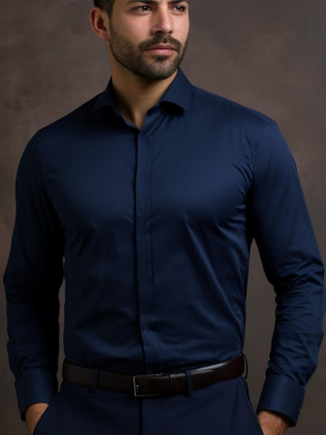 Navy Solid Formal Designer Shirt For Men by HE SPOKE