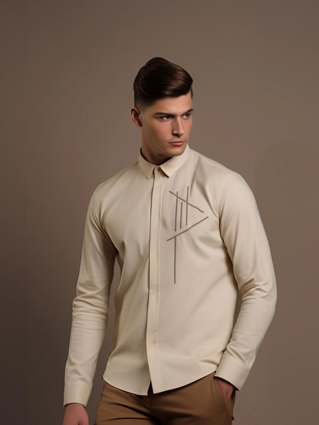 Cream Geometric Embroidered Casual Designer Shirt For Men by HE SPOKE