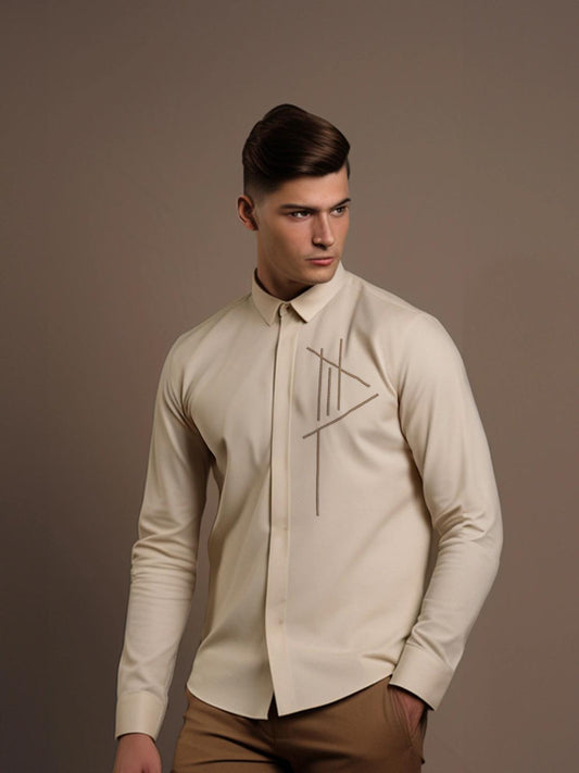 Cream Geometric Embroidered Casual Designer Shirt For Men by HE SPOKE