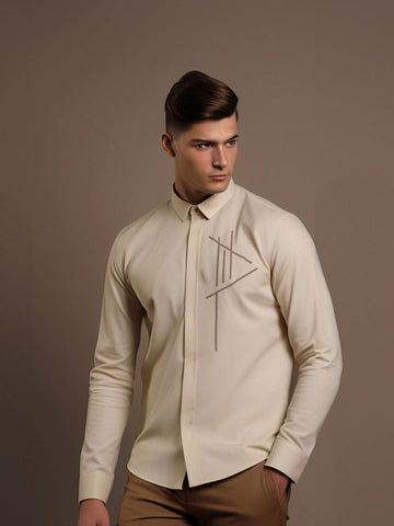 Cream Geometric Embroidered Casual Designer Shirt For Men by HE SPOKE