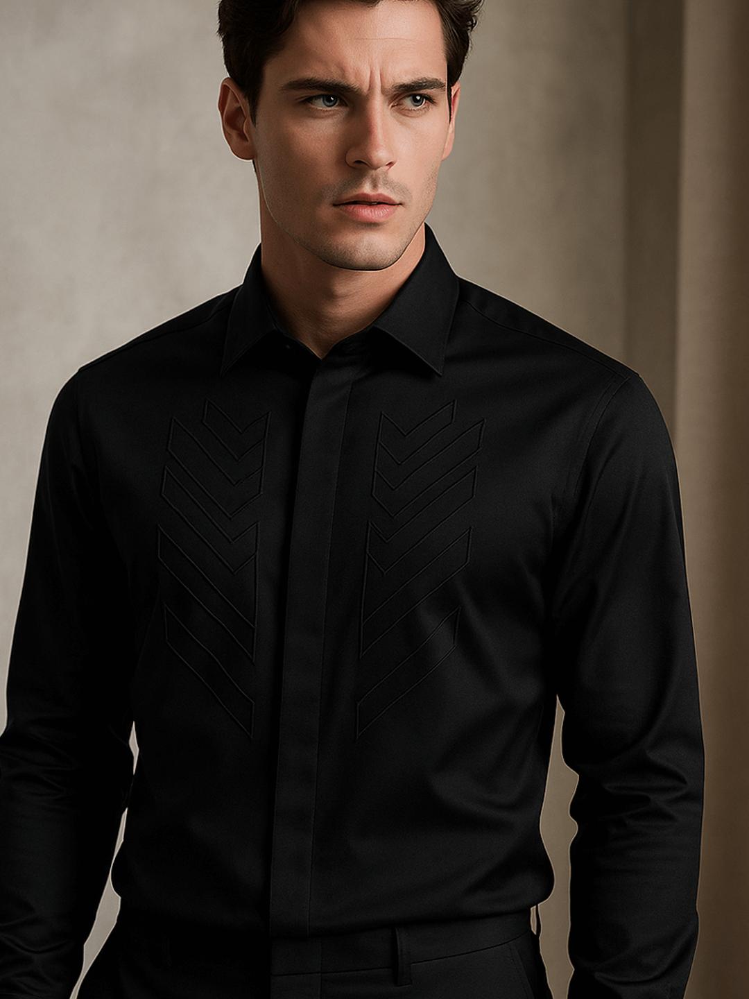 Black Geometric Embroidered Party Designer Shirt For Men by HE SPOKE