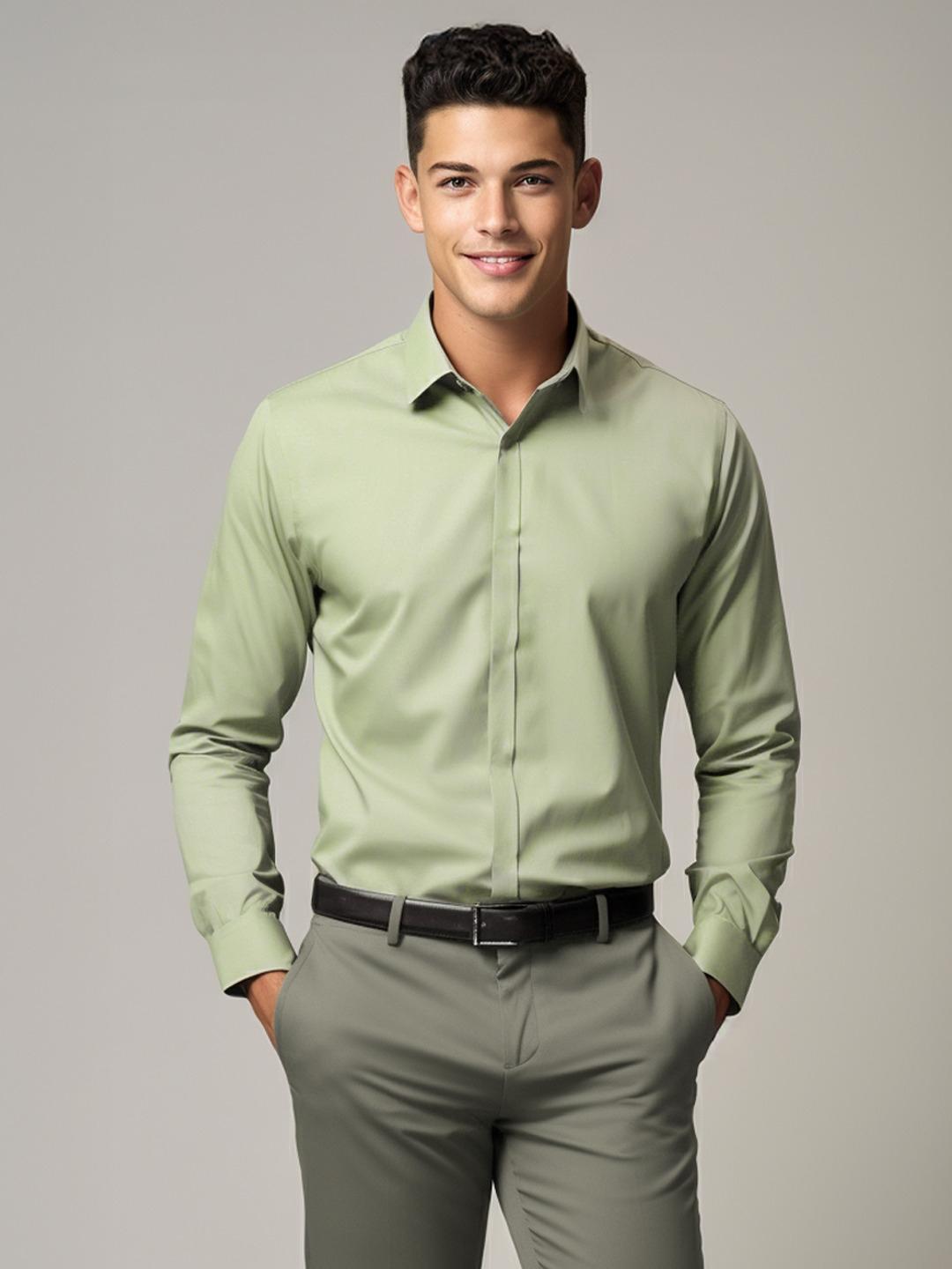 Green Solid Formal Designer Shirt For Men by HE SPOKE