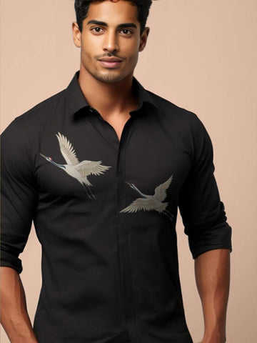 Black Printed Casual Designer Shirt For Men by HE SPOKE