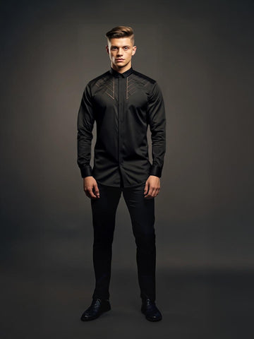 Black Geometric Embroidered Party Designer Shirt For Men by HE SPOKE
