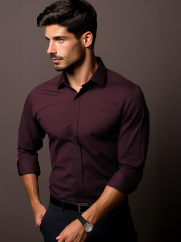 Burgundy Solid Formal Designer Shirt For Men by HE SPOKE