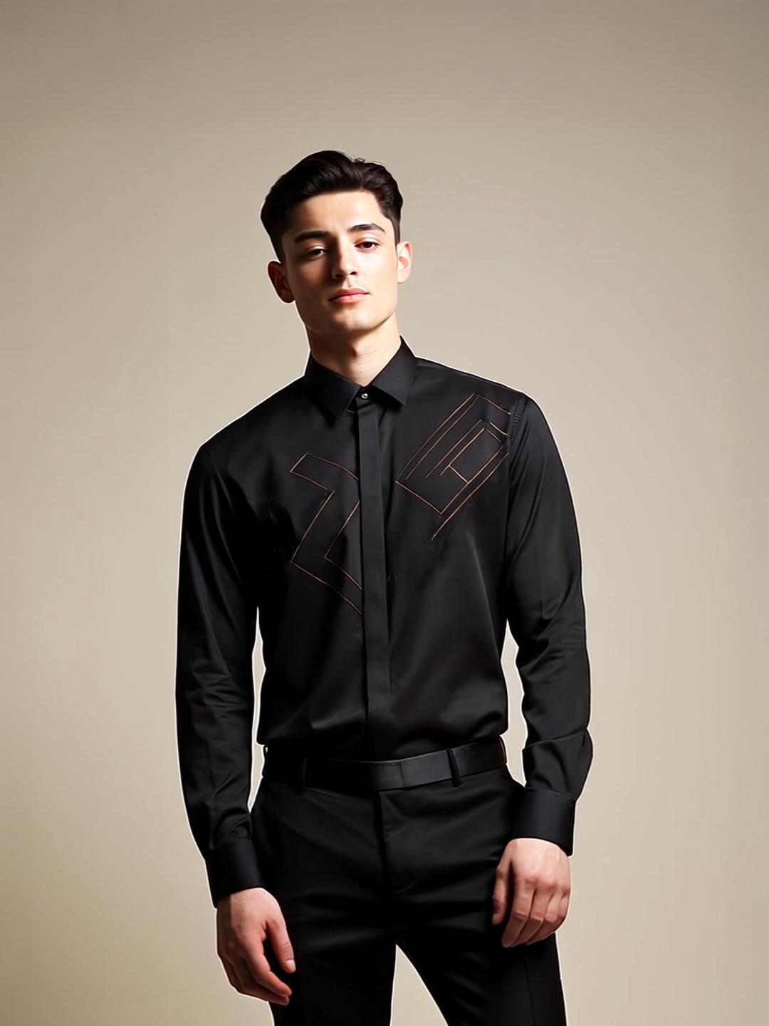 Black Geometric Embroidered Party Designer Shirt For Men by HE SPOKE