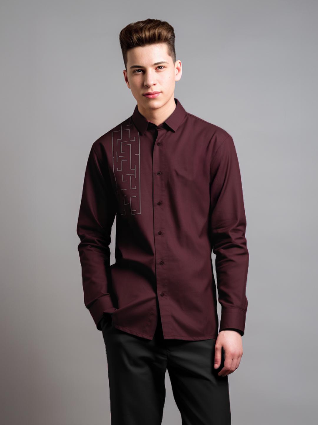 Burgundy Geometric Embroidered Smart Casual Designer Shirt For Men by HE SPOKE