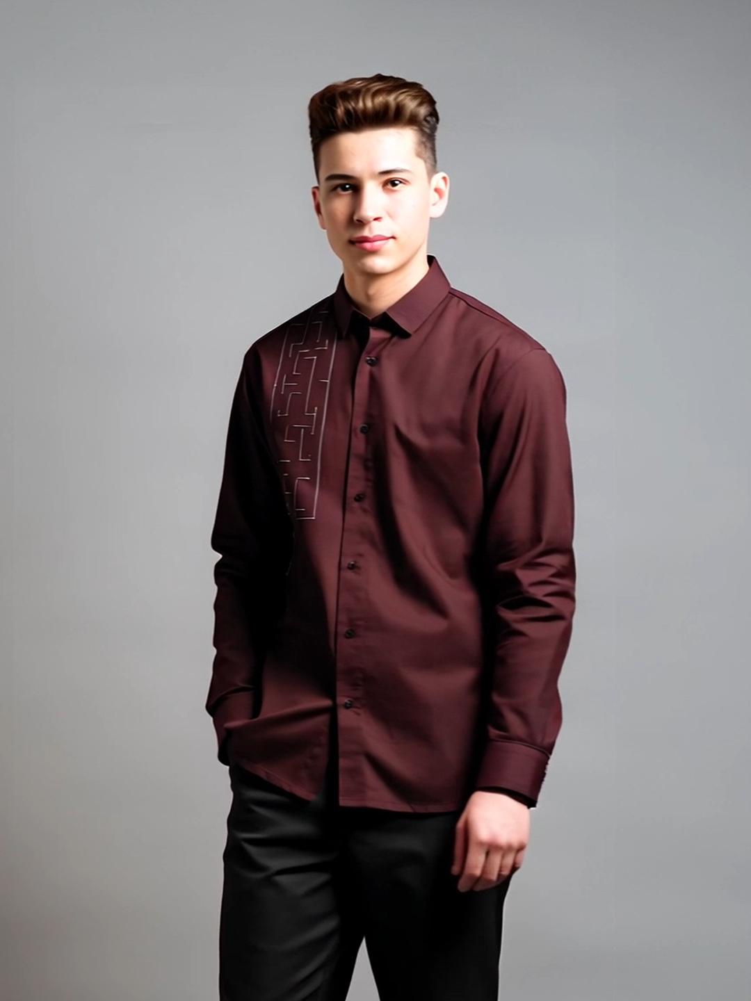 Burgundy Geometric Embroidered Smart Casual Designer Shirt For Men by HE SPOKE