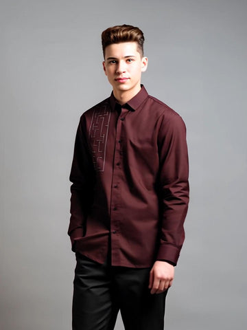 Burgundy Geometric Embroidered Smart Casual Designer Shirt For Men by HE SPOKE